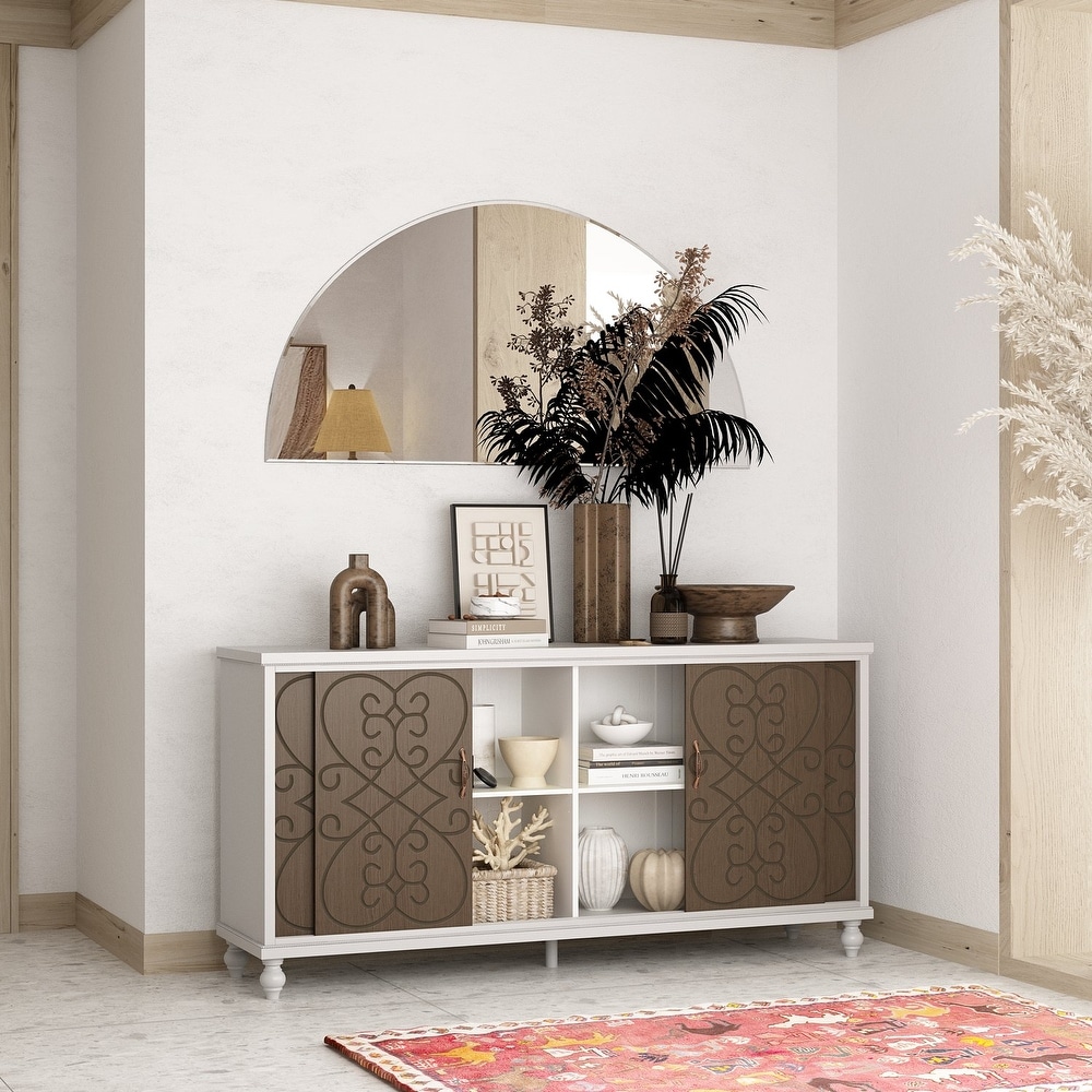 White/Brown Buffet Cabinet with Sliding Doors Organizer Bookshelves   63.1\