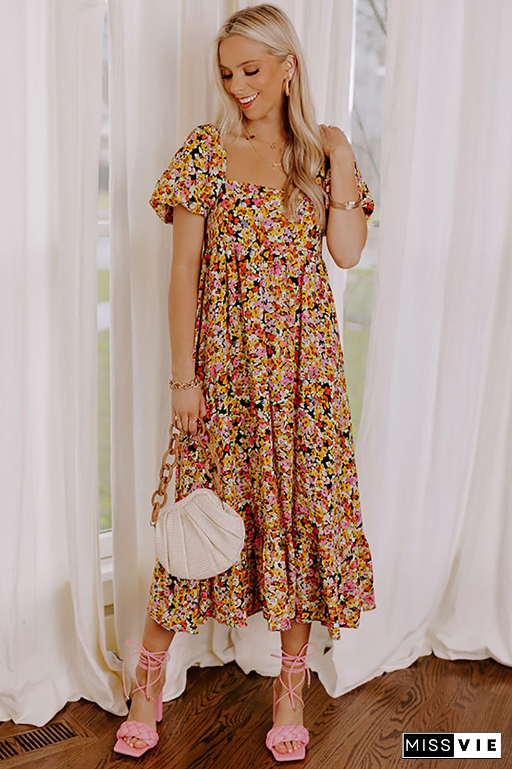 Yellow Puff Sleeve Square Neck Open Back Floral Midi Dress