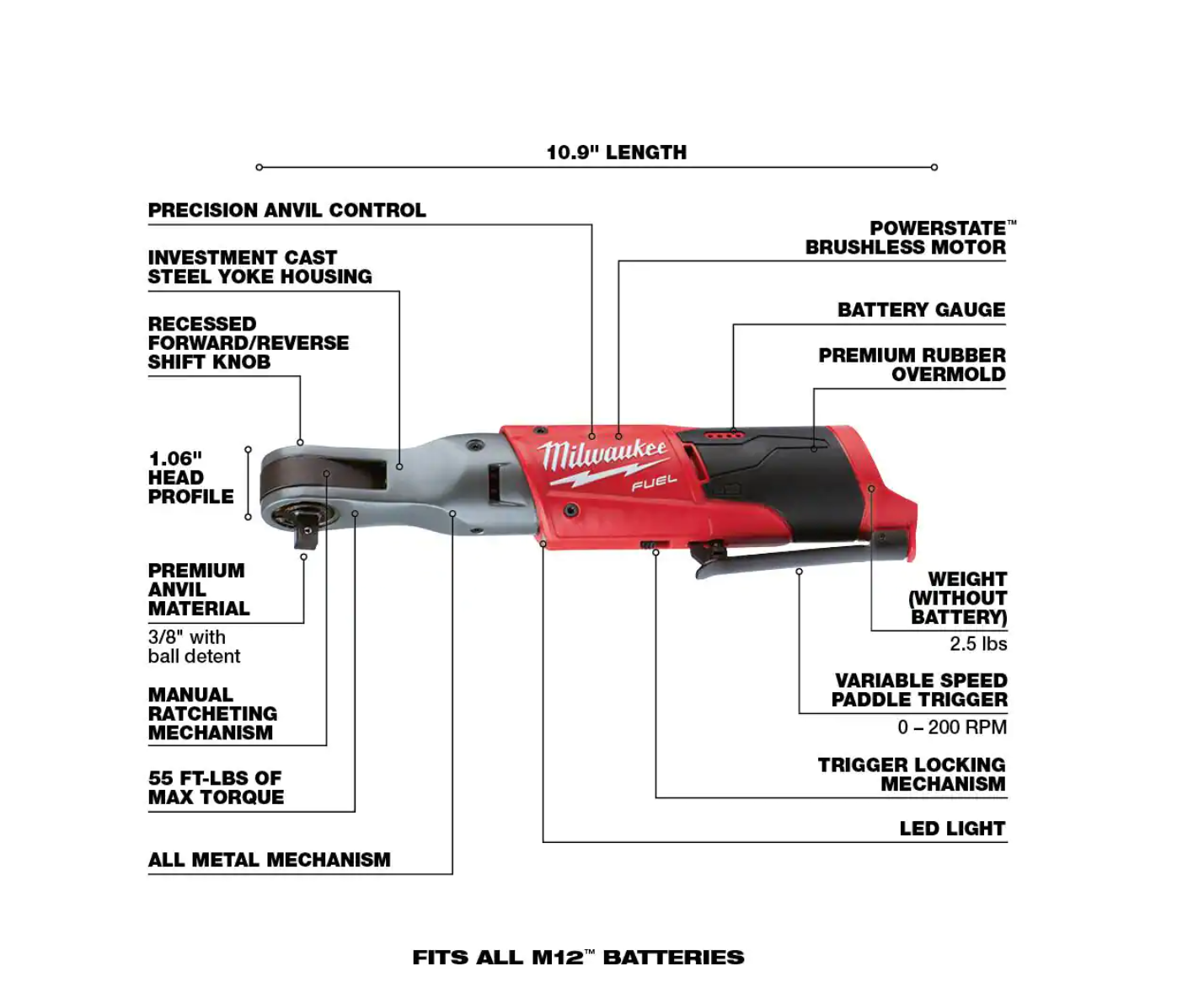 Milwaukee 2554-20-2557-20-48-59-2440 M12 FUEL 12V Lithium-Ion Brushless Cordless Stubby 3/8 in. Impact Wrench and 3/8 in. Ratchet Kit w/Battery and Charger