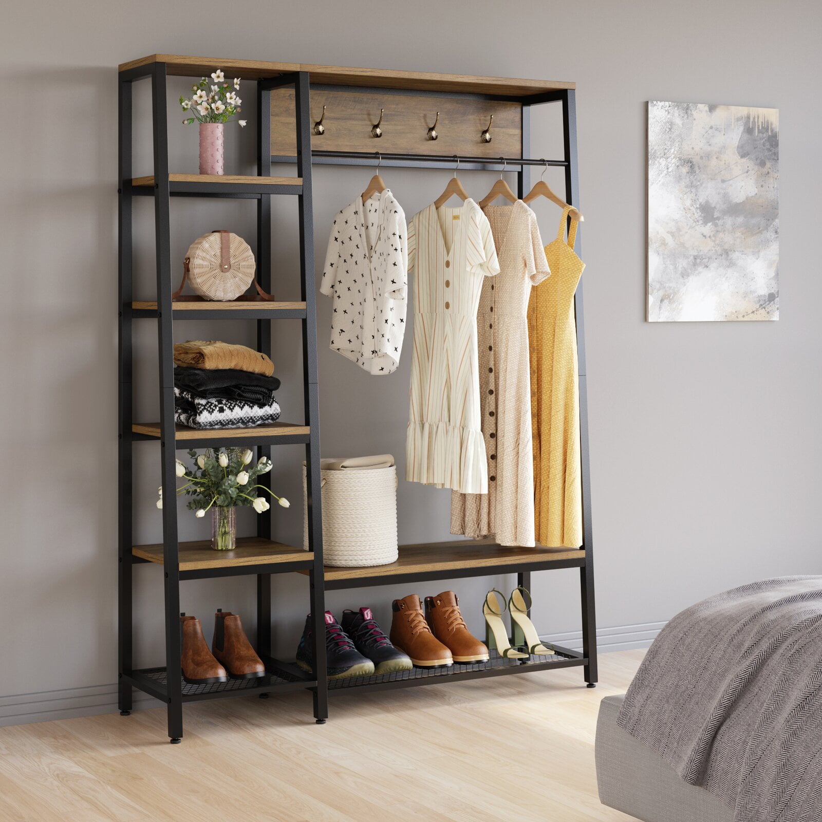 Homfa Closet Rack, 3 In 1 Metal Hall Tree, Free Standing Closet Organizer with Shelves and Shoe Rack, Rustic Brown