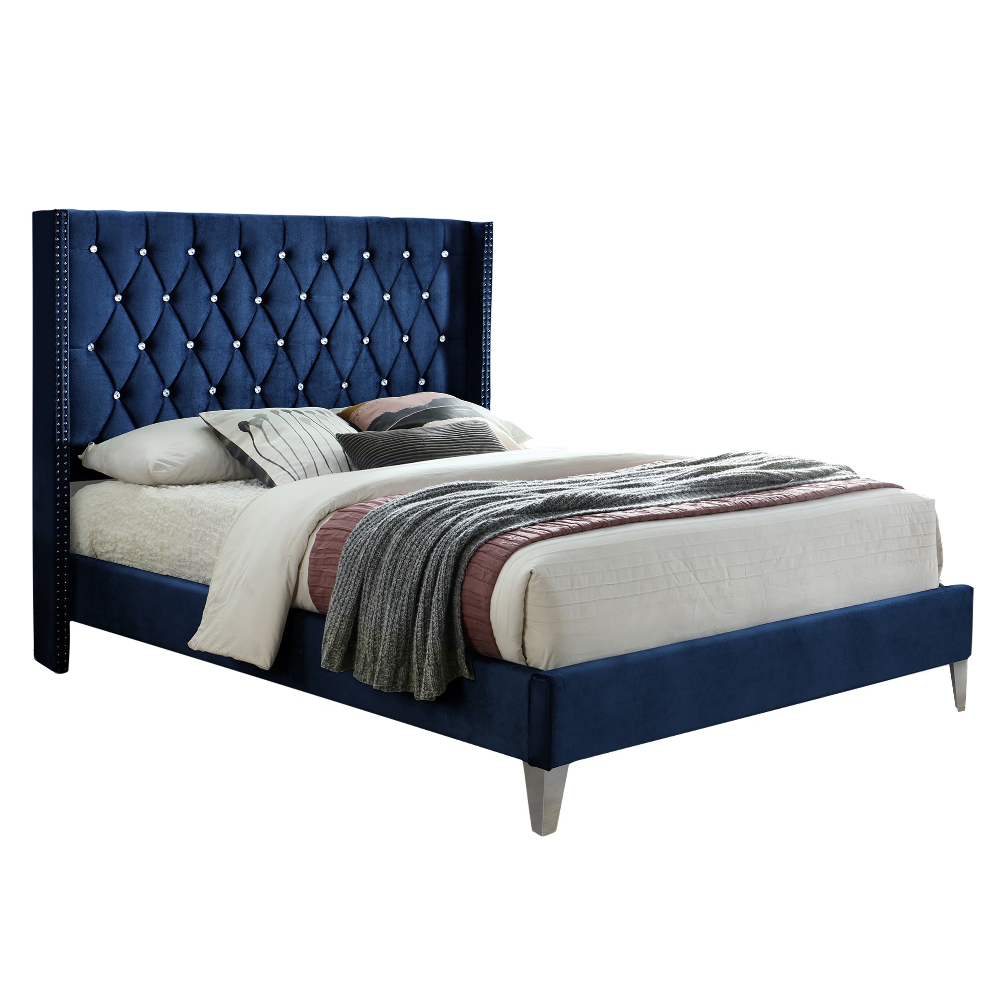 Better Home Products Alexa Velvet Upholstered Full Platform Bed in Blue