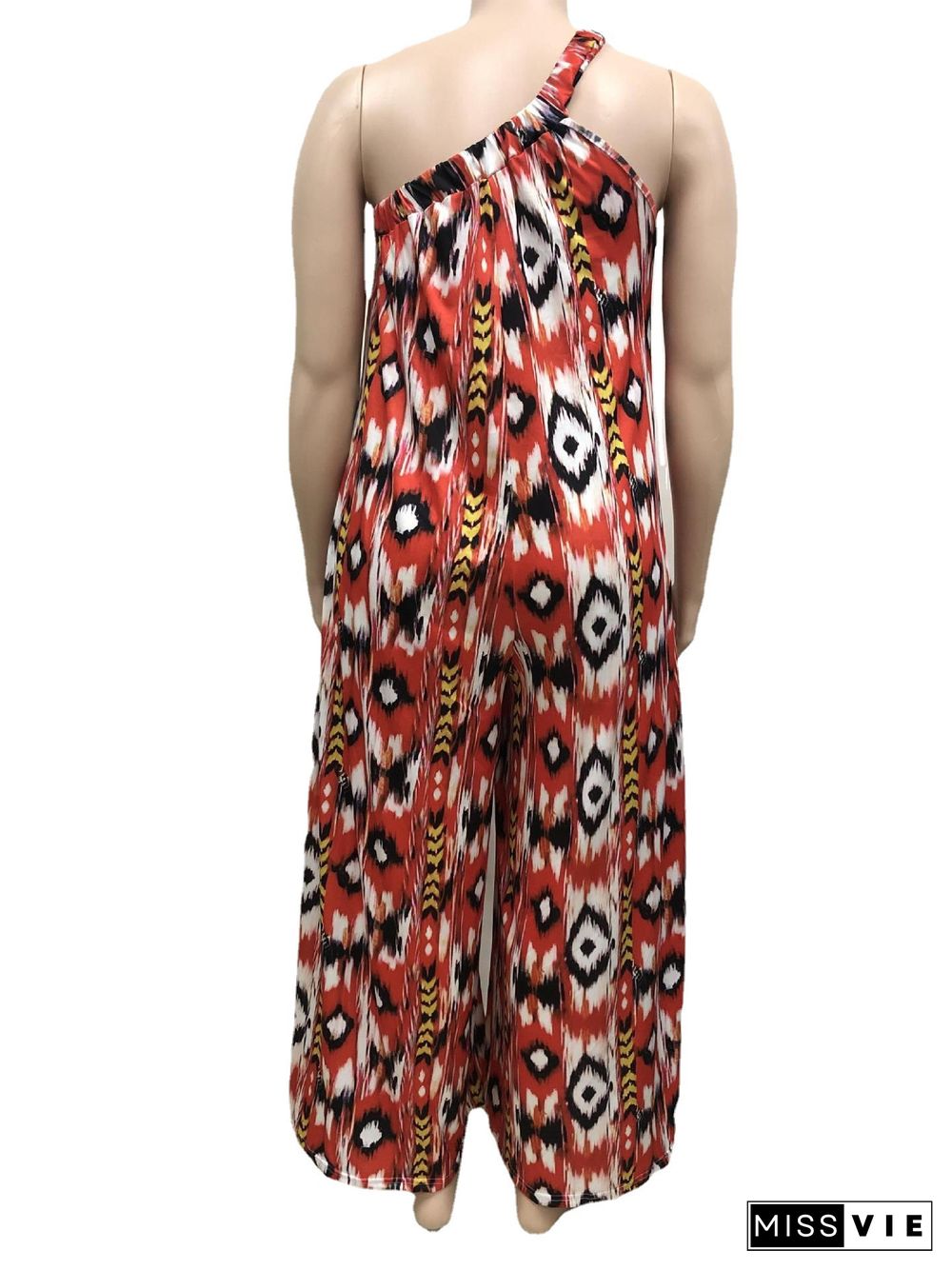 Women Fashion Print Skew Shoulder Sleeveless High Waist Loose Casual Plus Size Wide Leg Jumpsuit