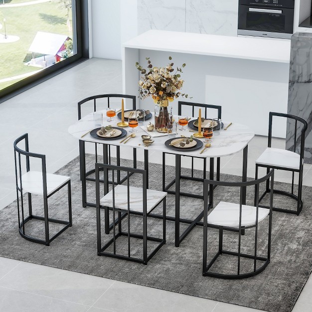 Modern 7 piece Dining Table Set With Faux Marble Top And 6 Chairs Modernluxe