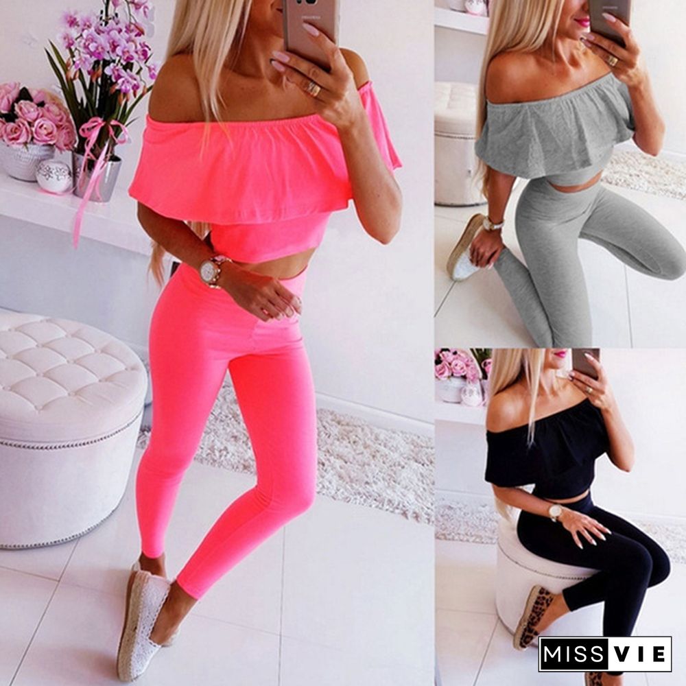 Fashion Off Shoulder Crop Top And Long Pants Two Piece Set Yoga Casual Women Outfits