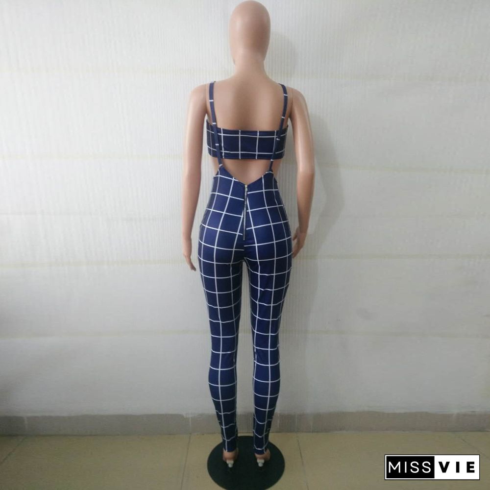 Plaid Strapless Crop Top+Skinny Jumpsuit Matching Sets