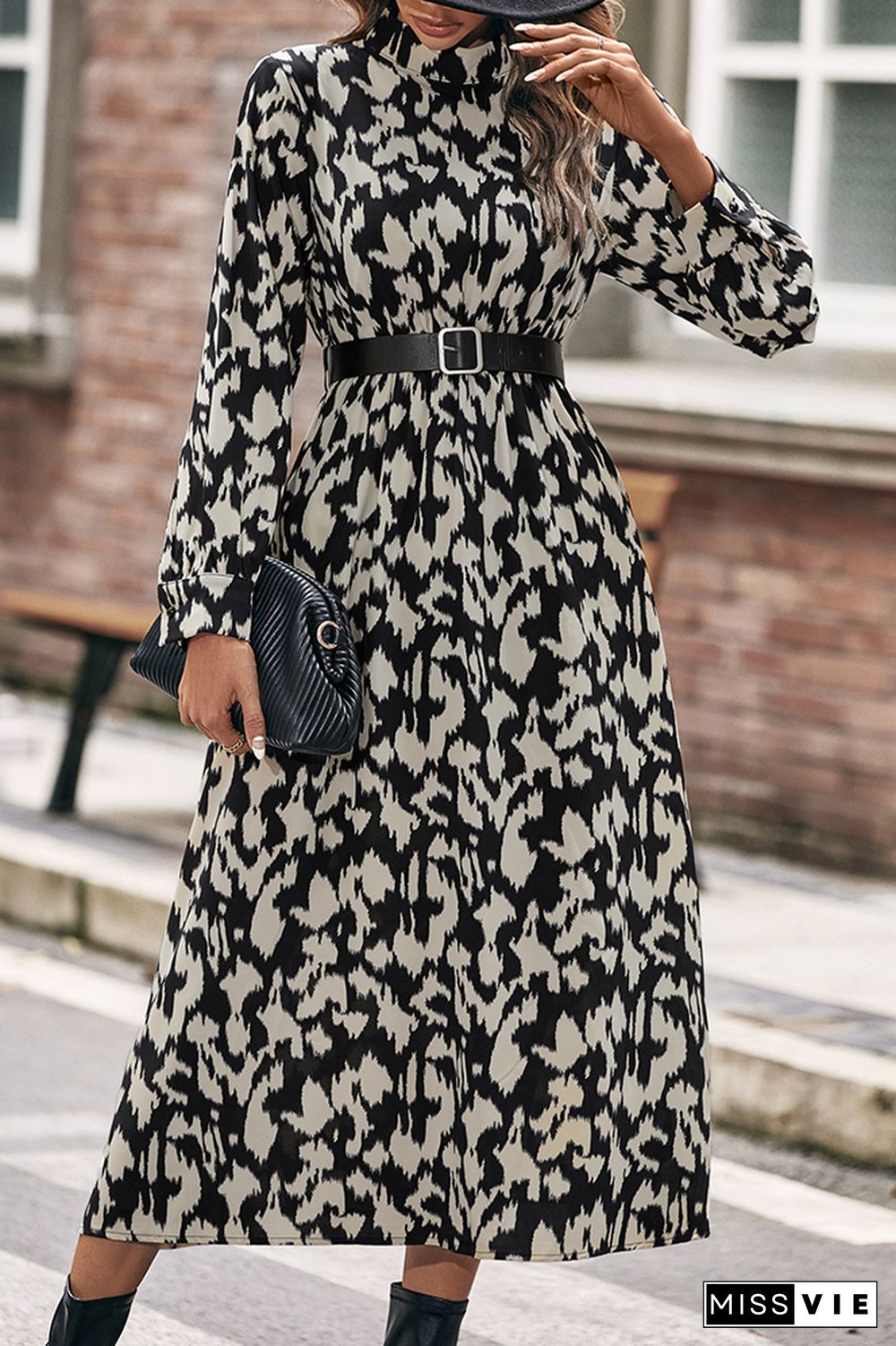 Turtleneck Elastic Waist Printing Midi Dress