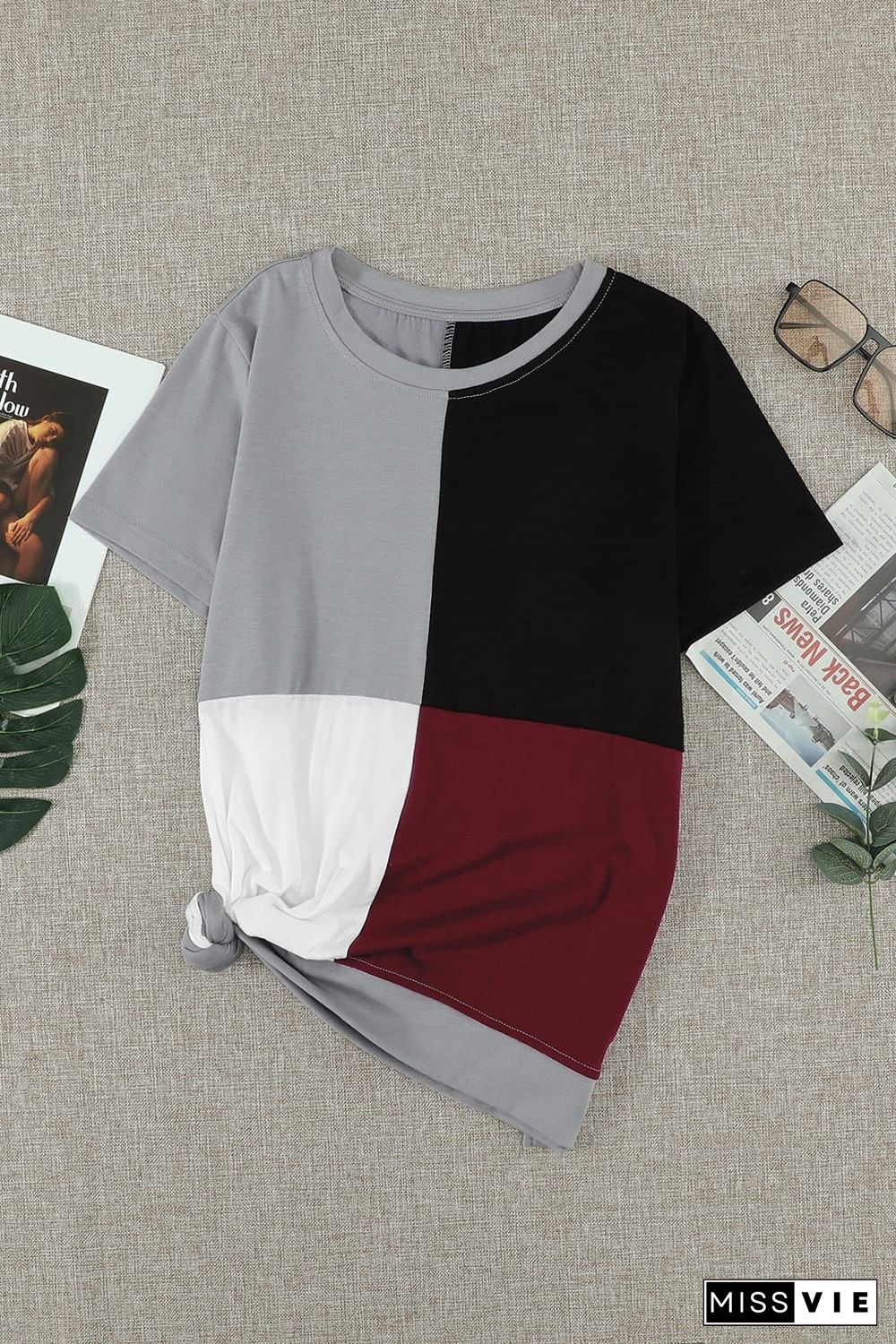 Wine Red Colorblock T-shirt with Slits