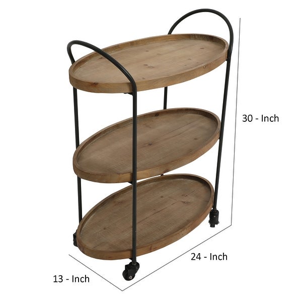 23 Inch Wood Bar Cart with 3 Tier Storage Trays and Metal Frame， Brown