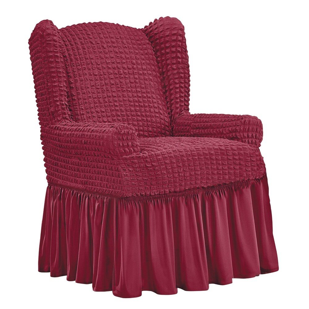 Textured Squares Ruffled Slipcover   Wing Chair