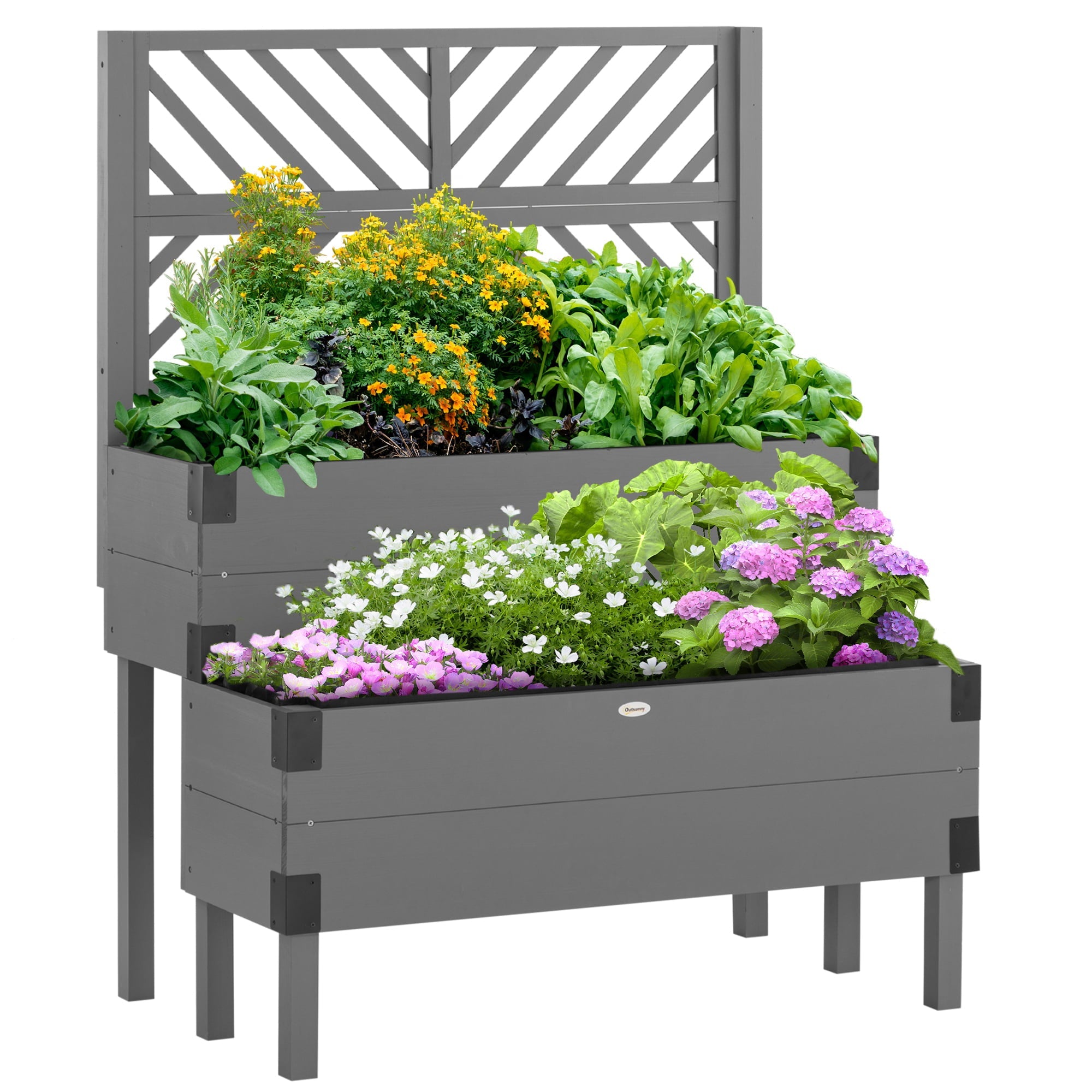 Outsunny 2 Tier Raised Garden Bed with Trellis, Wooden Elevated Planter Box with Legs and Metal Corners, for Vegetables, Flowers, Herbs, Gray