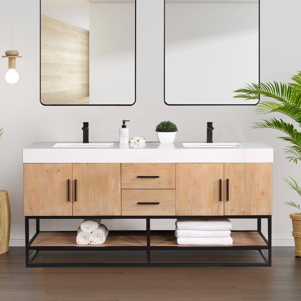 Altair Bianco 72 in. W x 22 in. D x 34 in . H Double Sink Bath Vanity in Light Brown with White Composite Stone Top 552072B-LB-WH-NM