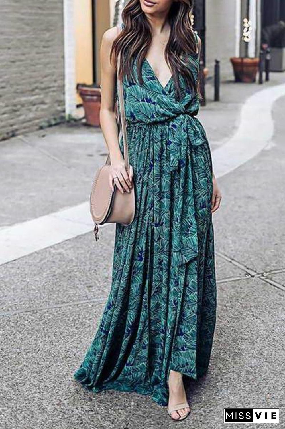 Women Summer  Green & Blue Leaf Maxi Dress