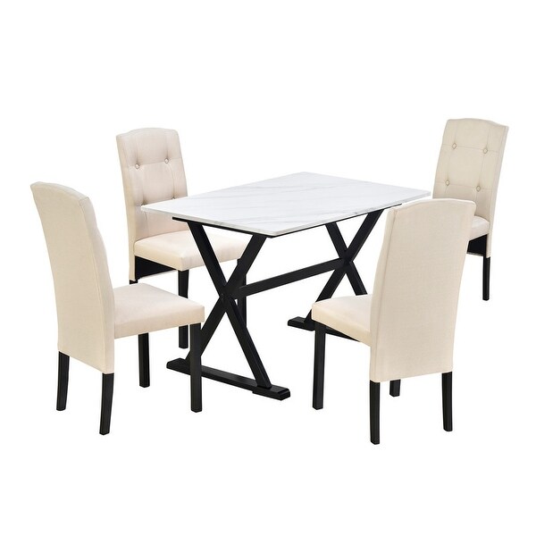 Wood Dining Table Set with Faux Marble Tabletop and 4 Chairs， 5-Piece Dining Set