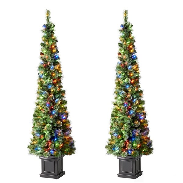 Glitzhome 7ft PreLit Slim Pine Christmas Potted Porch Trees With 200 LED Lights