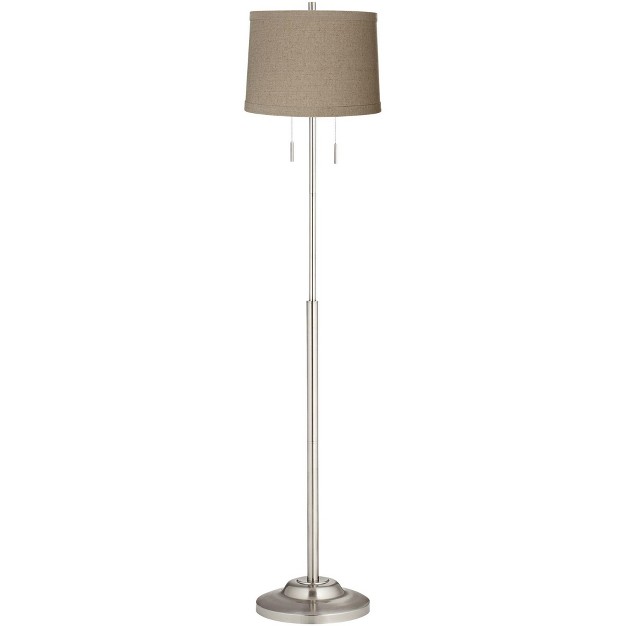 Tall Brushed Nickel Silver Metal Natural Linen Drum Shade For Living Room Bedroom Office House Home