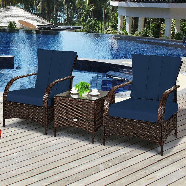 Costway 3 Pcs Patio Rattan Furniture Set Coffee Table amp 2 Rattan Chair W navy Cushions