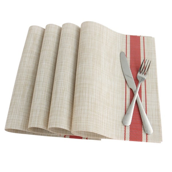 Woven Placemats Set of 6 Heat Resistant Place Mats Anti-slip PVC - Red+Beige