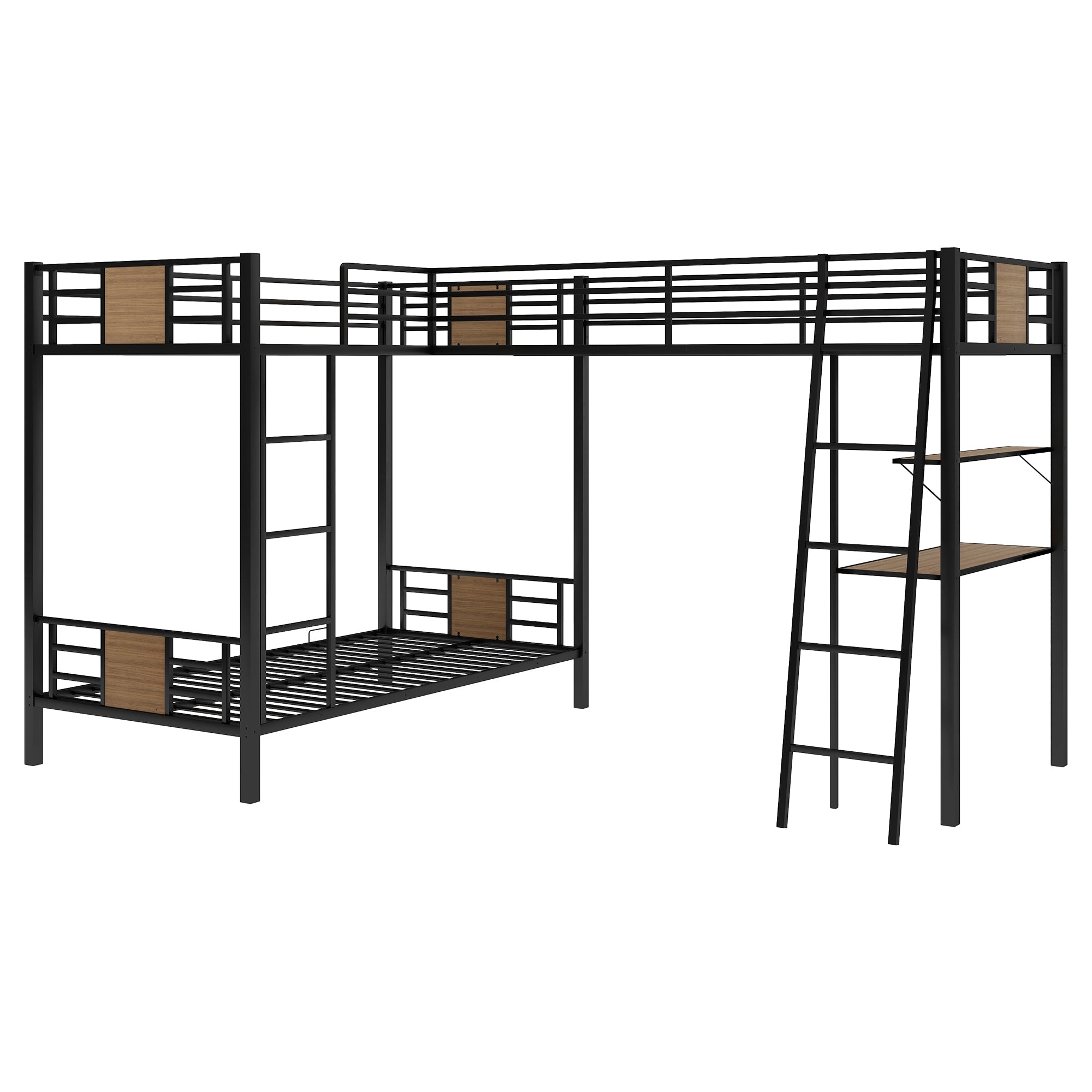 EUROCO L-Shaped Twin over Twin Bunk Bed with Desk and Shelf for Kids Bedroom, Brown