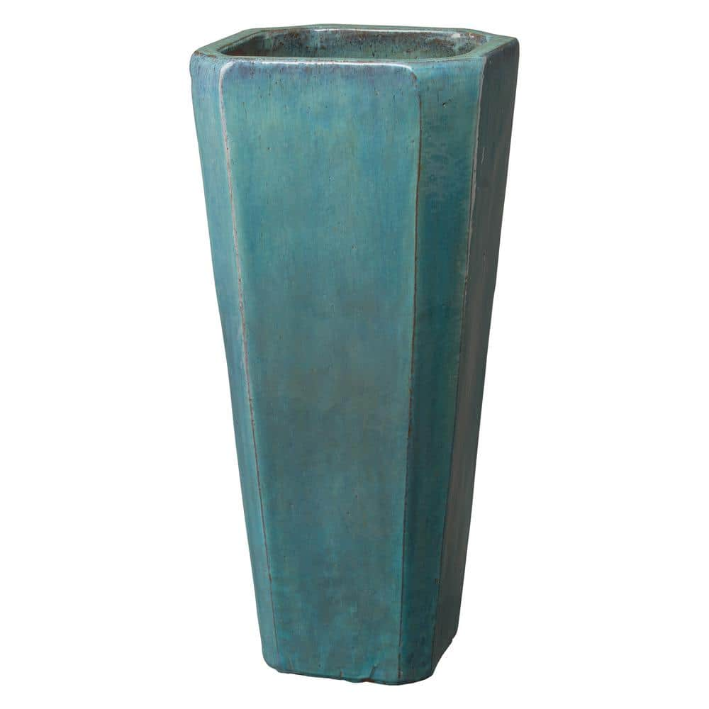 Emissary Tall 15.5 in. L x 35 in. H Teal Ceramic Square Planter with Drainage Hole 12770TL