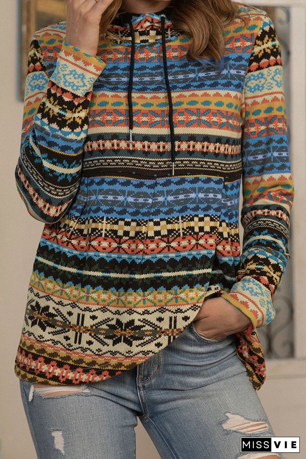 Multicolor Tribal Print Pullover Hoodie