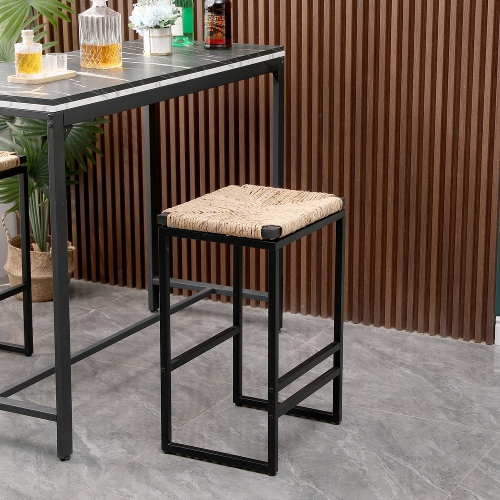 Backless Bar Stools Set of 2  Counter Height Dining Chairs with Paper Rope Woven Upholstered Seat and Black Metal Footrest