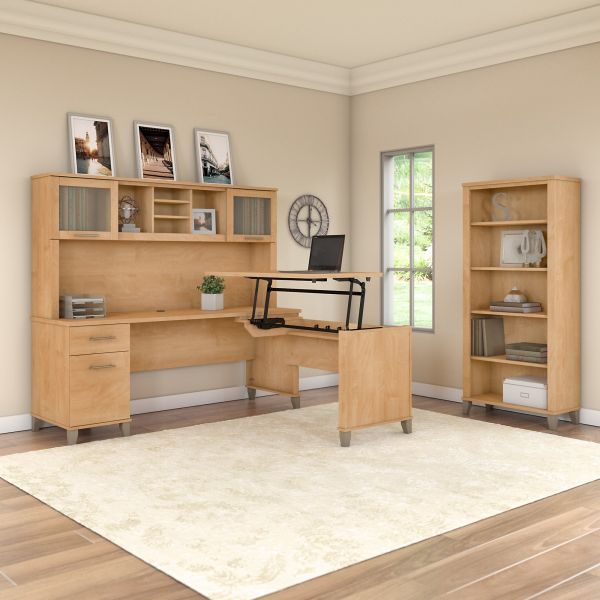 Bush Furniture Somerset 72W 3 Position Sit to Stand L Shaped Desk with Hutch and Bookcase in Maple Cross