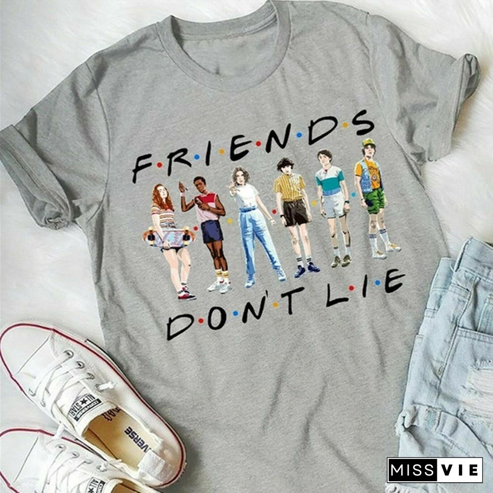 1Pcs Freind Dont Lie Six People Stand Printed T Shirt Stranger Things Letter Print Plus Size T Shirt White Short Sleeve Friends Dont Lie Printing Tees Feme Summe Tops