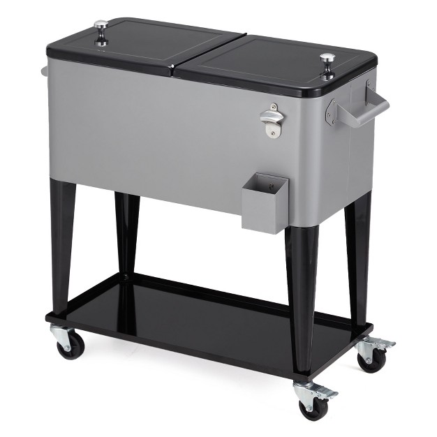 Jomeed 80 Quart 20 Gallon Wheeled Rolling Outdoor Patio And Deck Cooler Cart Ice Chest With Shelf Drainage Hole Plug And Bottle Opener Silver