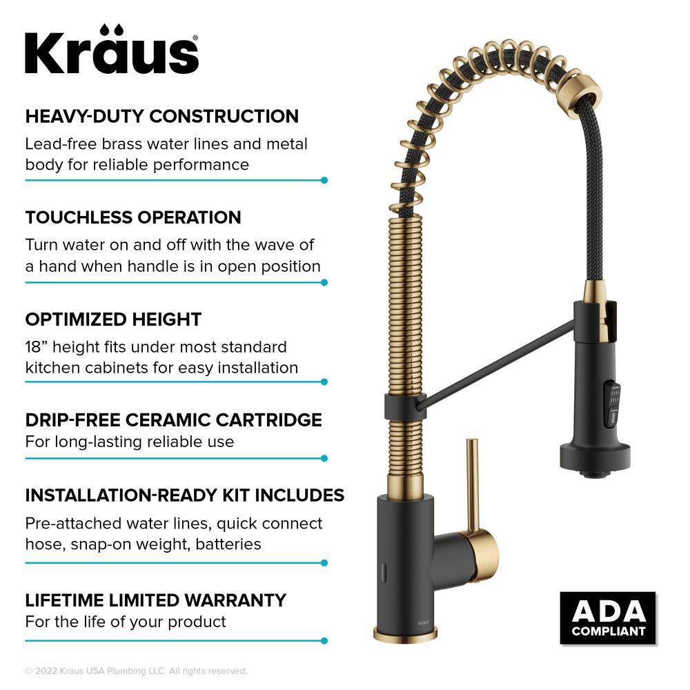 KRAUS Bolden Touchless Sensor Commercial Style Pull-Down Single Handle Kitchen Faucet in Brushed BrassMatte Black KSF-1610BBMB