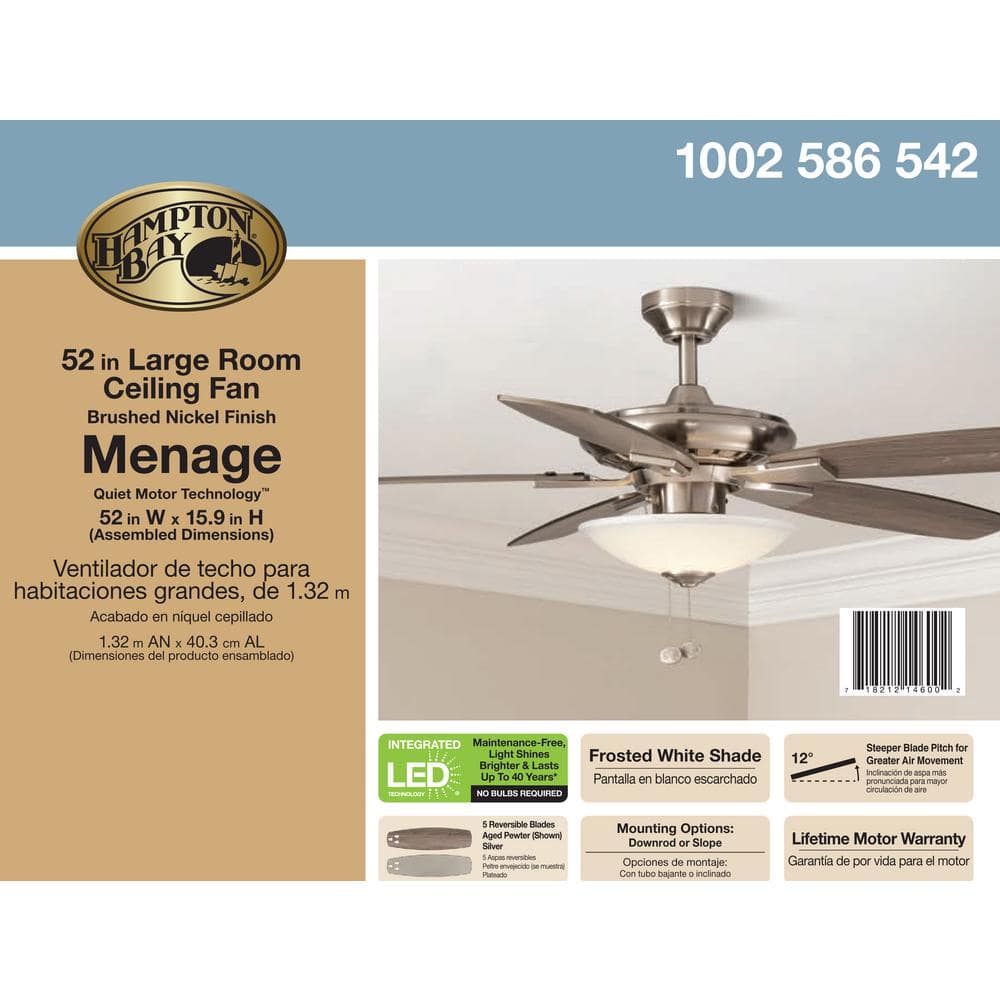 Hampton Bay Menage 52 in Integrated LED Indoor Low Profile Brushed Nickel Ceiling Fan with Light Kit