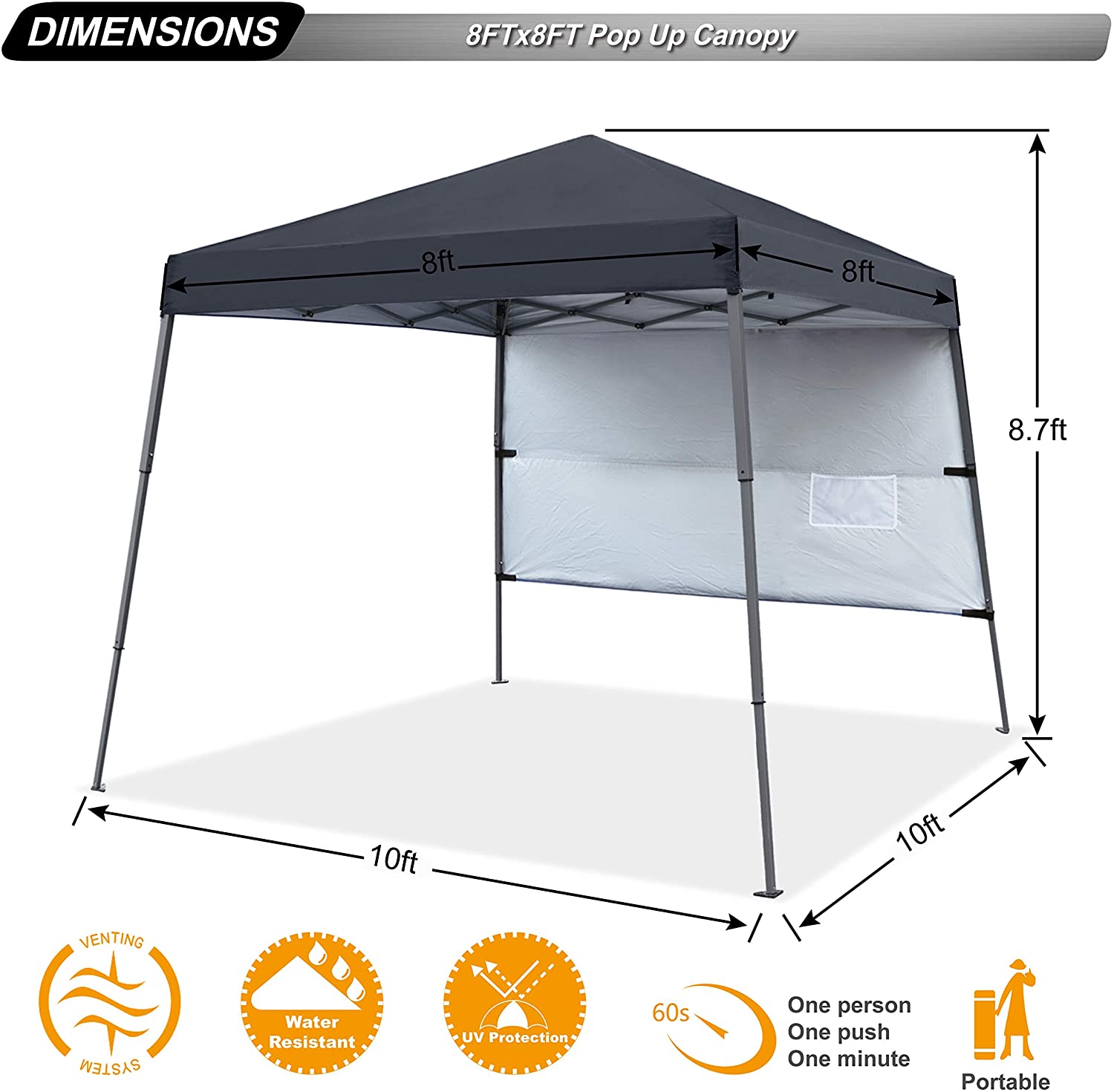 ABCCANOPY 10 ft x 10 ft Outdoor Pop up Slant Leg Canopy Tent with 1 Sun Wall and 1 Backpack Bag - Black