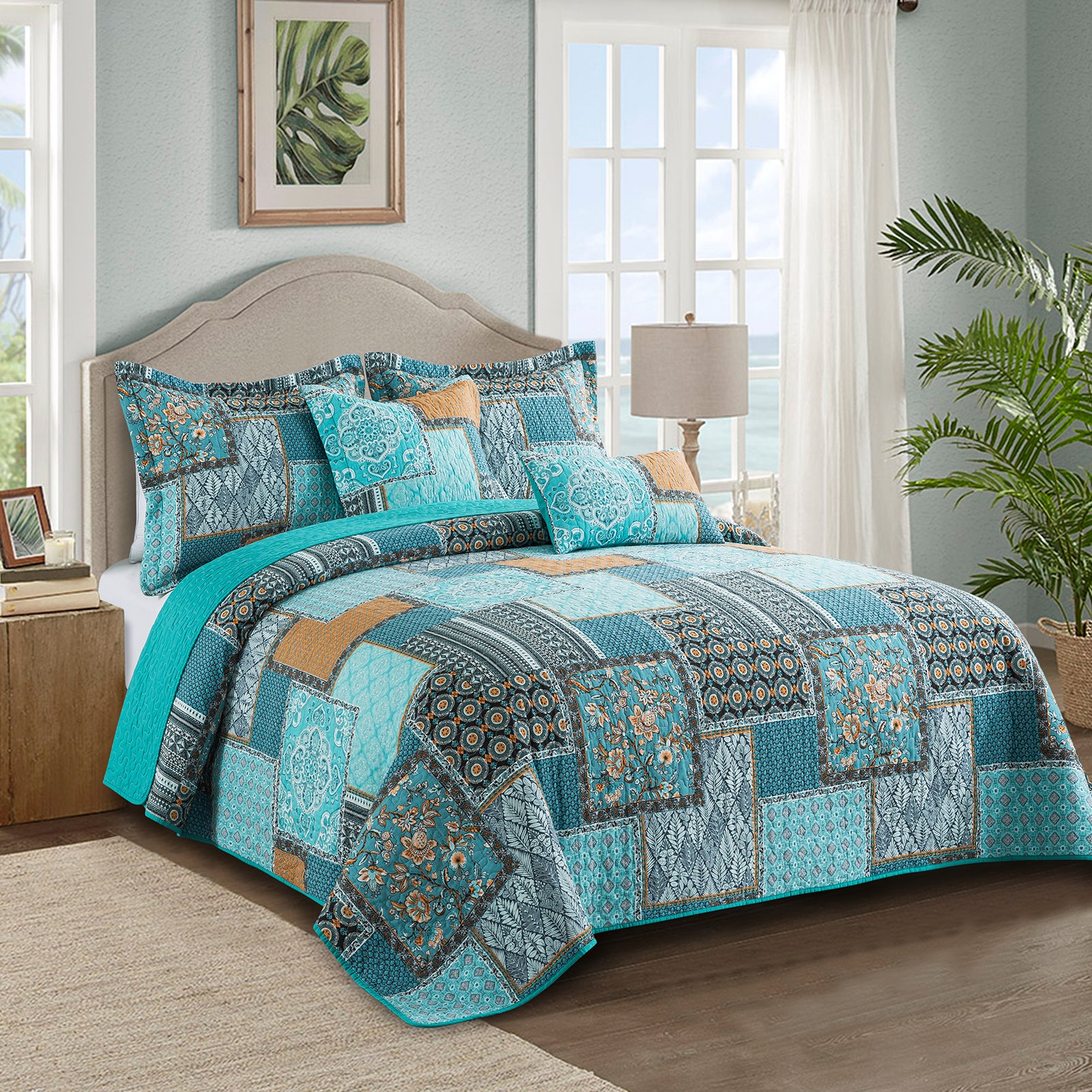 TWINRUN 3 Pieces Quilts Sets, Reversible Boho King Quilt Bedding Sets, Cotton Bedspread, Teal/Green, King Size