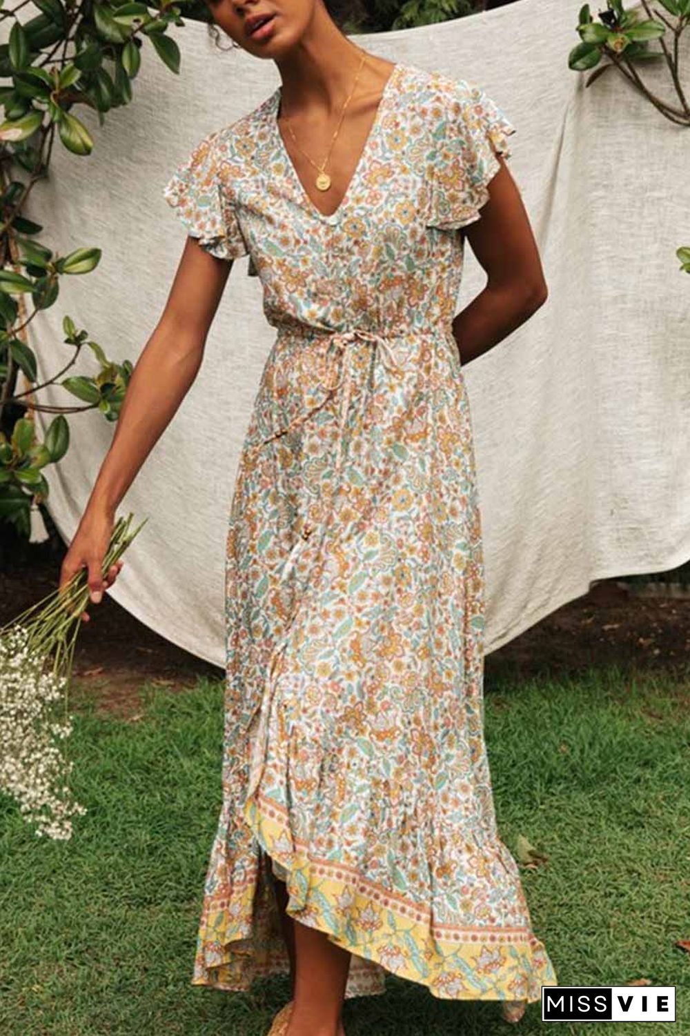 V-neck Lace Irregular Floral Maxi Dress