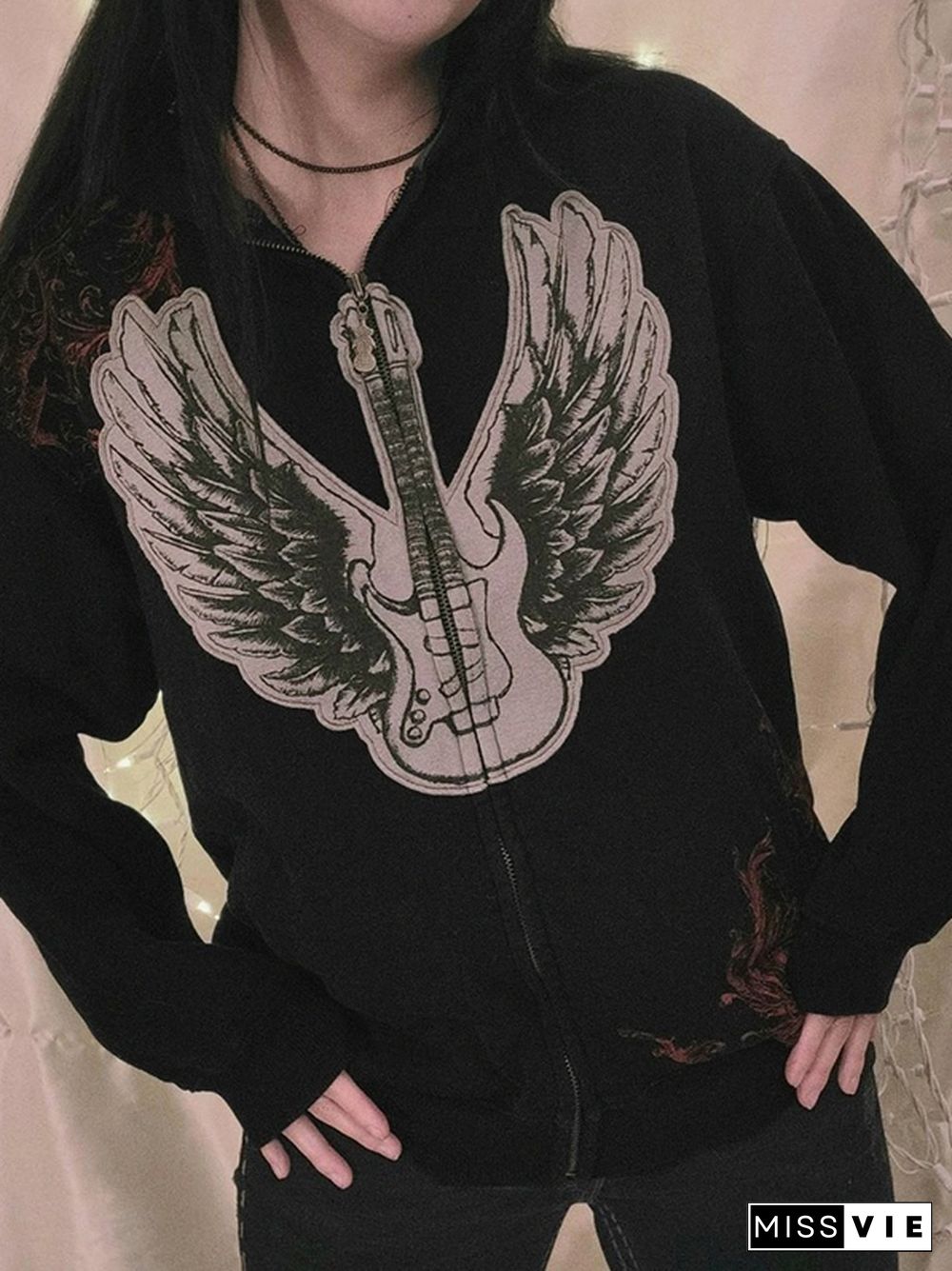 Guitar Wing Print Oversized Hoodie