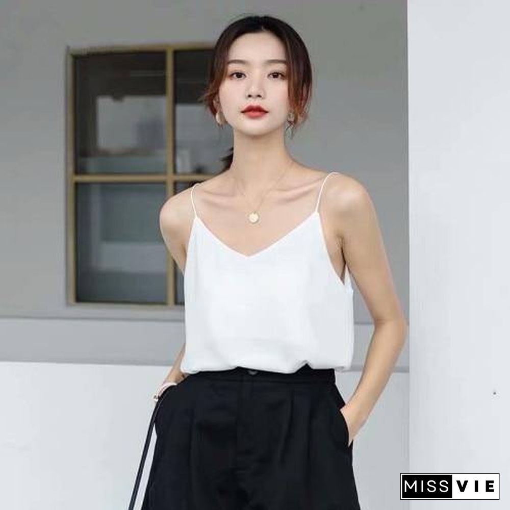 Korean Chiffon Top Women Woman V-neck Satin Tank Top Woman Sleeveless Vest Tops Tees Plus Size Sexy Women White Top Ladies Camis