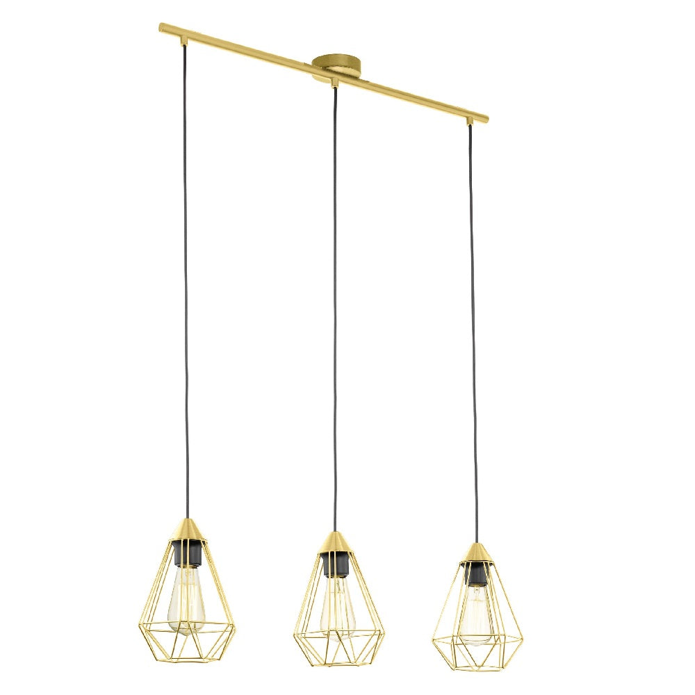 Eglo 43682 Tarbes Brushed Brass Wire Cage Shade Vintage 3 Lamp Bar Pendant