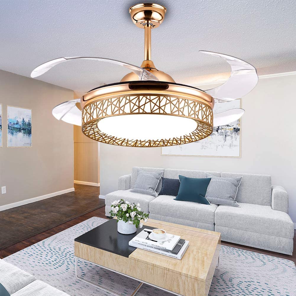 TFCFL 42 Inch Gold Ceiling Fan with Remote Control and Blade Retractable Crystal Fan Light Indoor 3 Color Change