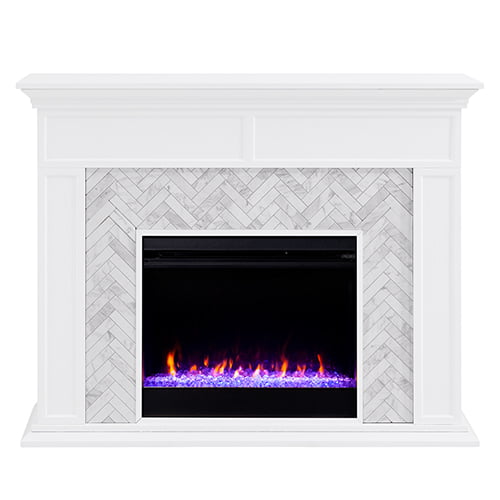 SEI Furniture Electric Freestanding Color Changing Tiled Fireplace in White with Gray Marble