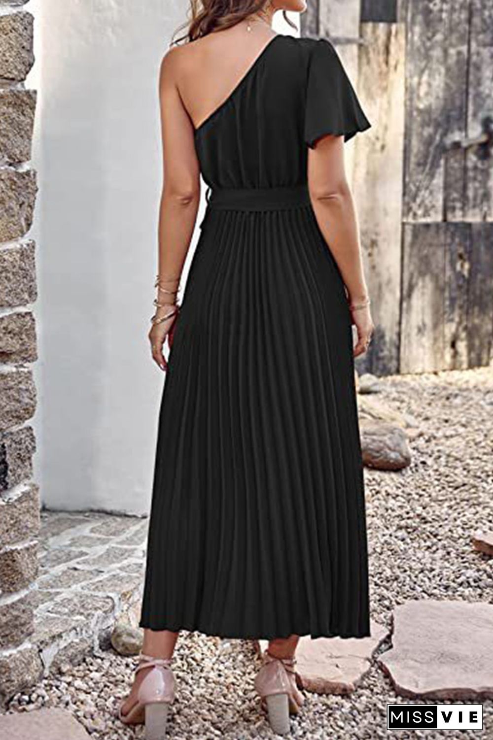 One SHoulder Short Sleeve Smock Maxi Dress