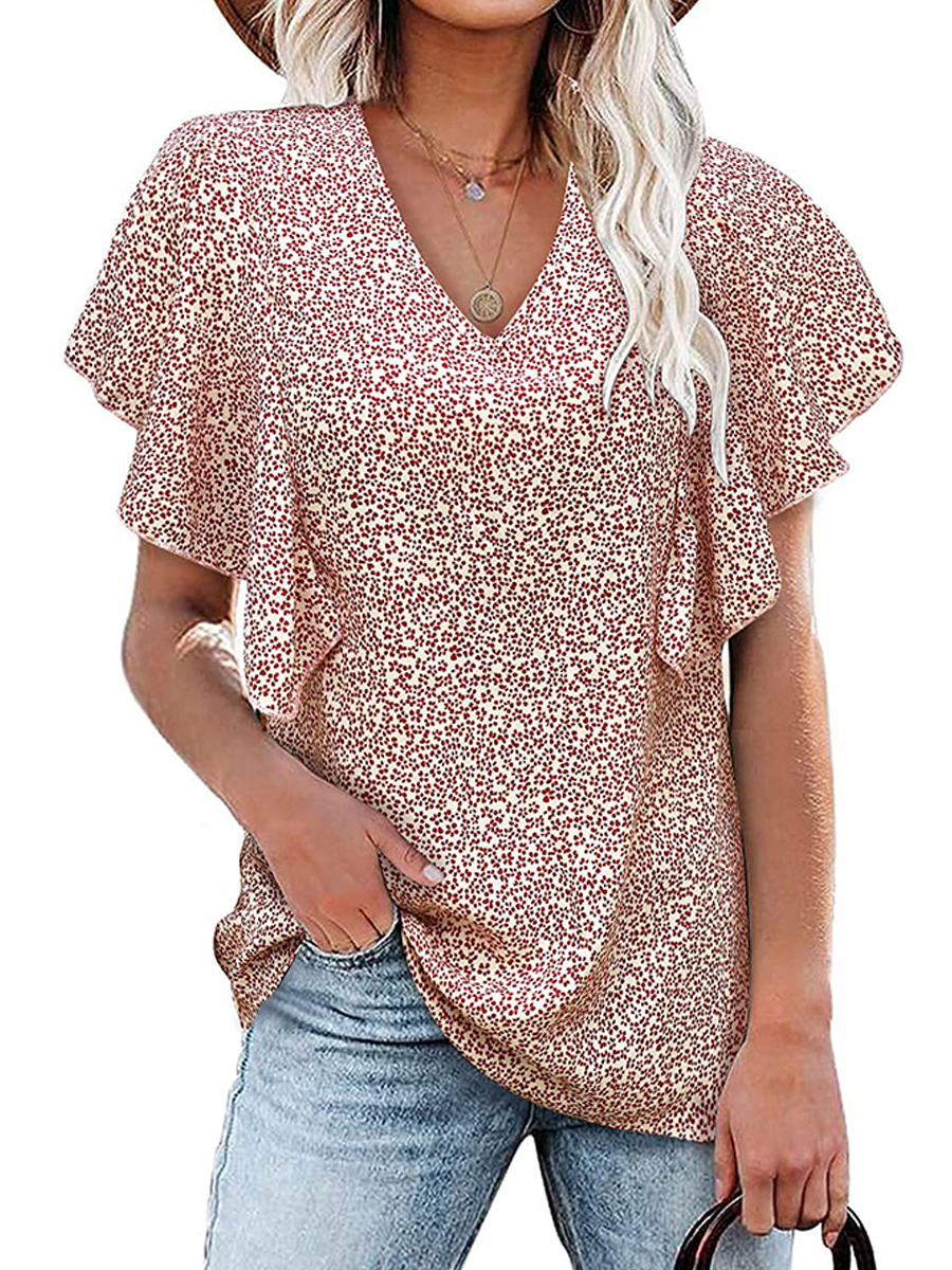 Summer V-neck Floral Pleated Short-sleeve Blouse