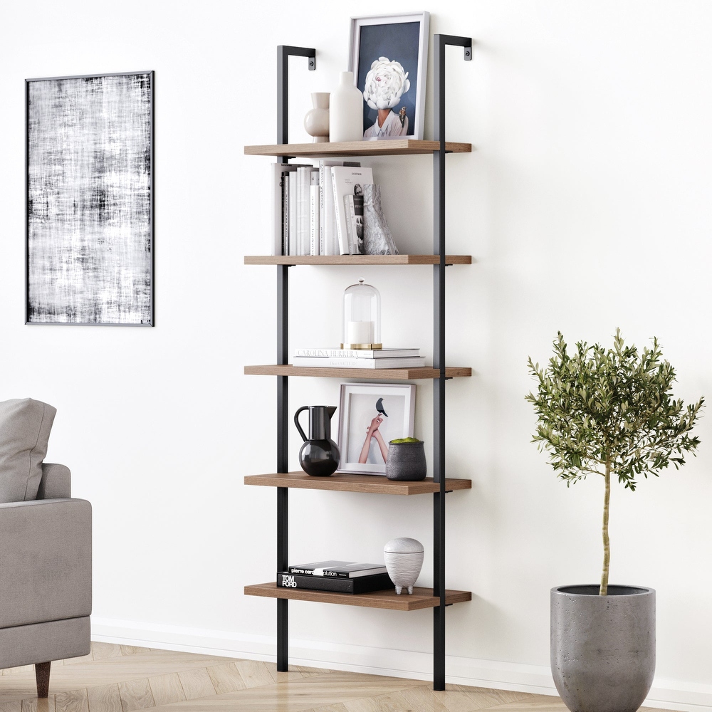 Nathan James Theo 5 Shelf Ladder Bookcase Wood with Metal Frame