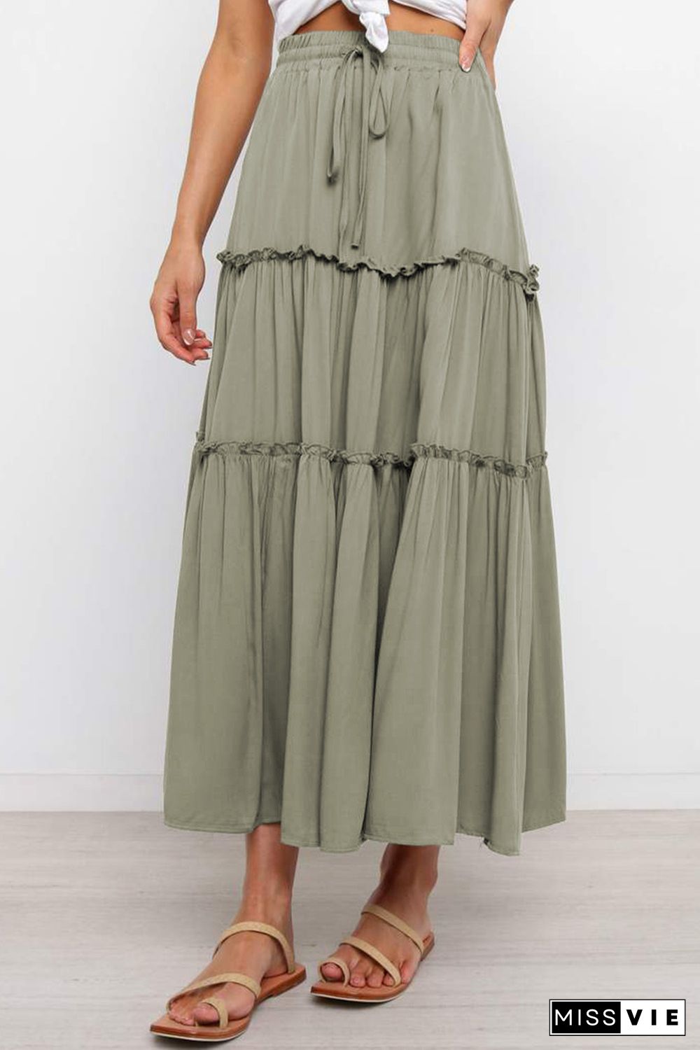 Green Solid Layered Ruffled Drawstring High Waist Maxi Skirt