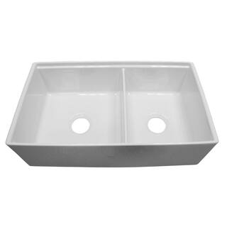 Barclay Products Maxwel White Fireclay 33 in. Double Bowl Farmhouse Apron Kitchen Sink with Accessory Ledge FSDB33AC-WH