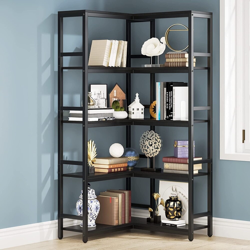 5 Tier Corner Bookshelf  Industrial Large Corner Etagere Bookcase for Living Room Home Office  Rustic Brown