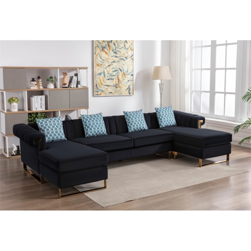 Maddie Black Velvet 5 Seater Double Chaise Sectional Sofa Throw Pillows   Contemporary   Sectional Sofas   by Homesquare  Houzz