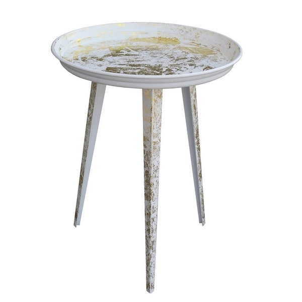 20 Inch Artisanal Industrial Round Tray Top Iron Side End Table， Tripod Base， Distressed White， Gold - 20 H x 16 W x 16 L