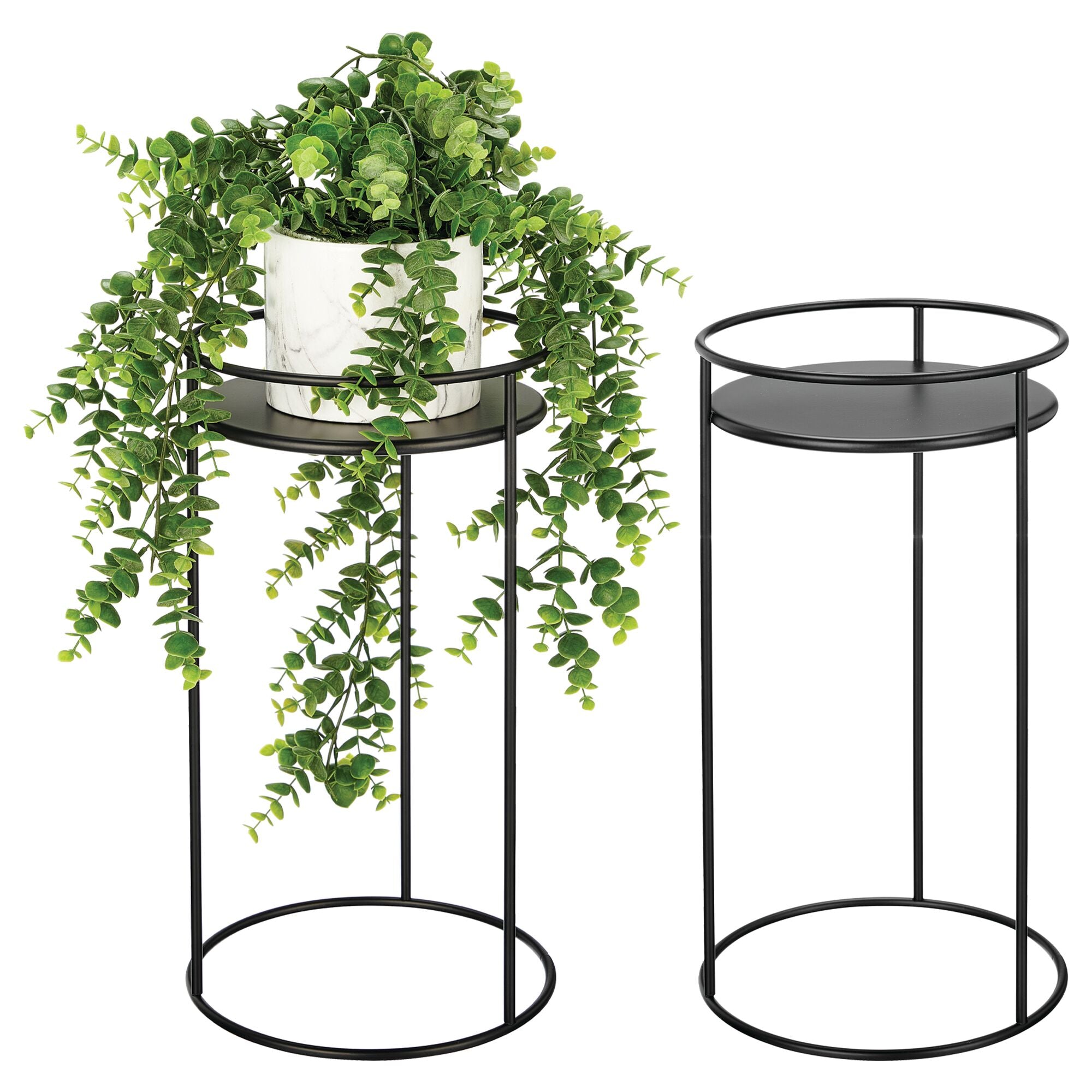 mDesign Metal 15-Inch Tall Circular Plant Stand, Planter Holder Contemporary Design Round Tray for Table, Garden; Holds Indoor/Outdoor Plants, Flower Pot - Concerto Collection - 2 Pack - Matte Black