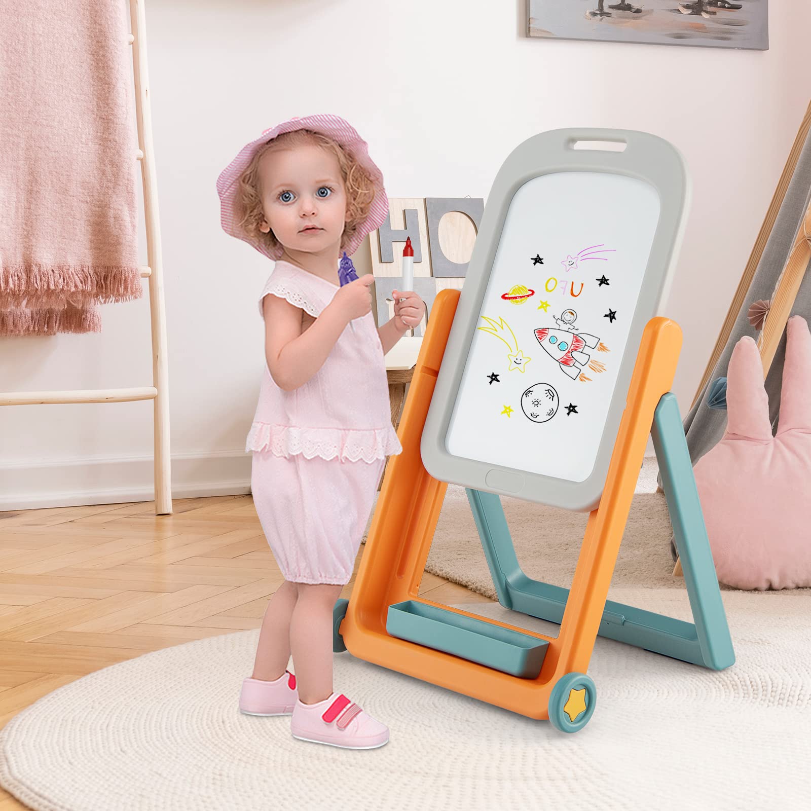 Costzon Kids Easel with Magnetic Whiteboard, Height Adjustable Easel w/ Chair