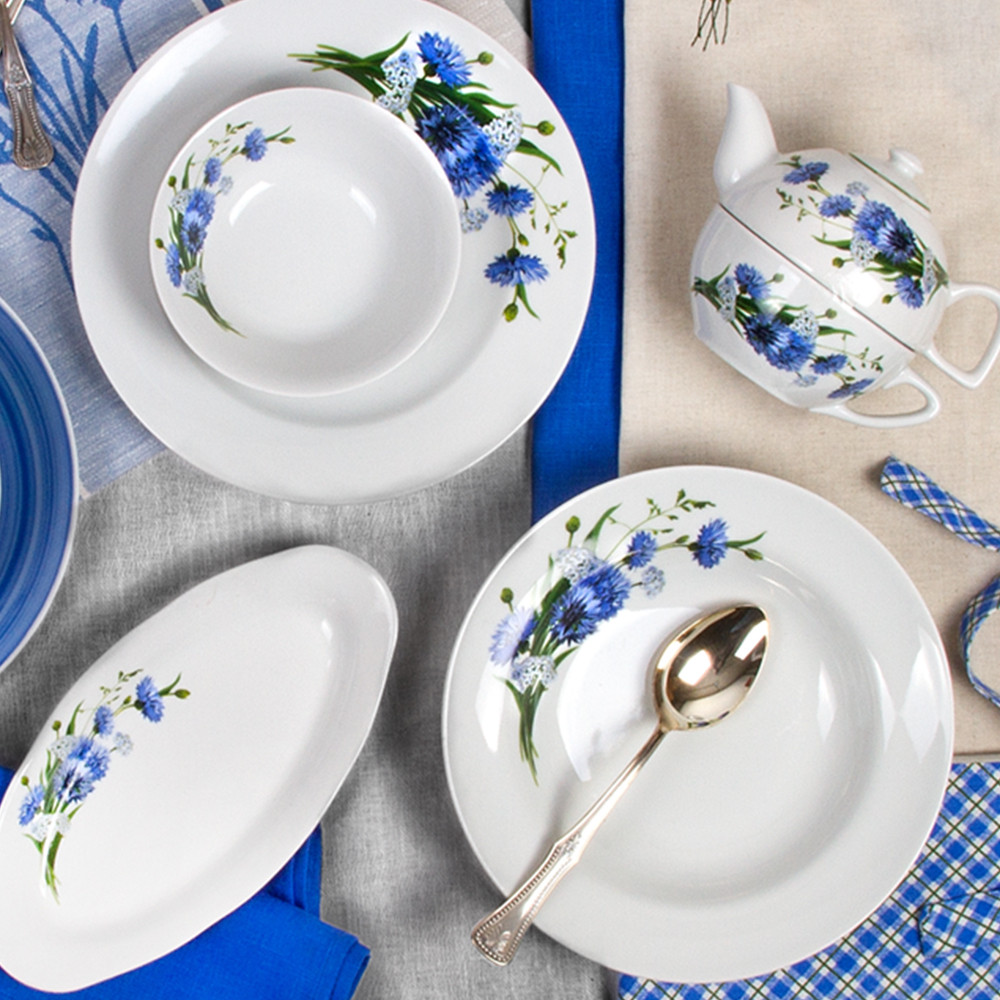 Deep Plate Kitchen Plates Dinnerware Cornflowers Porcelain Soup Plate Set of 4 Dinner Plate Serving Plate 16.9 fl oz (500 мл) Soup Bowl