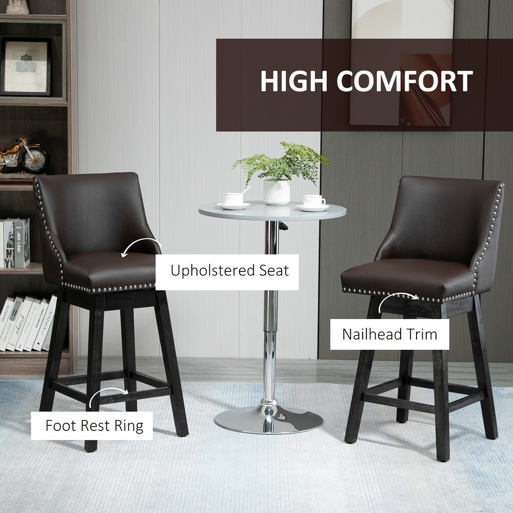 PU Leather Swivel Barstools Set of 2 Bar Height Bar Stools Armless Dining Chair with Nail Trim and Footrest for Kitchen Island